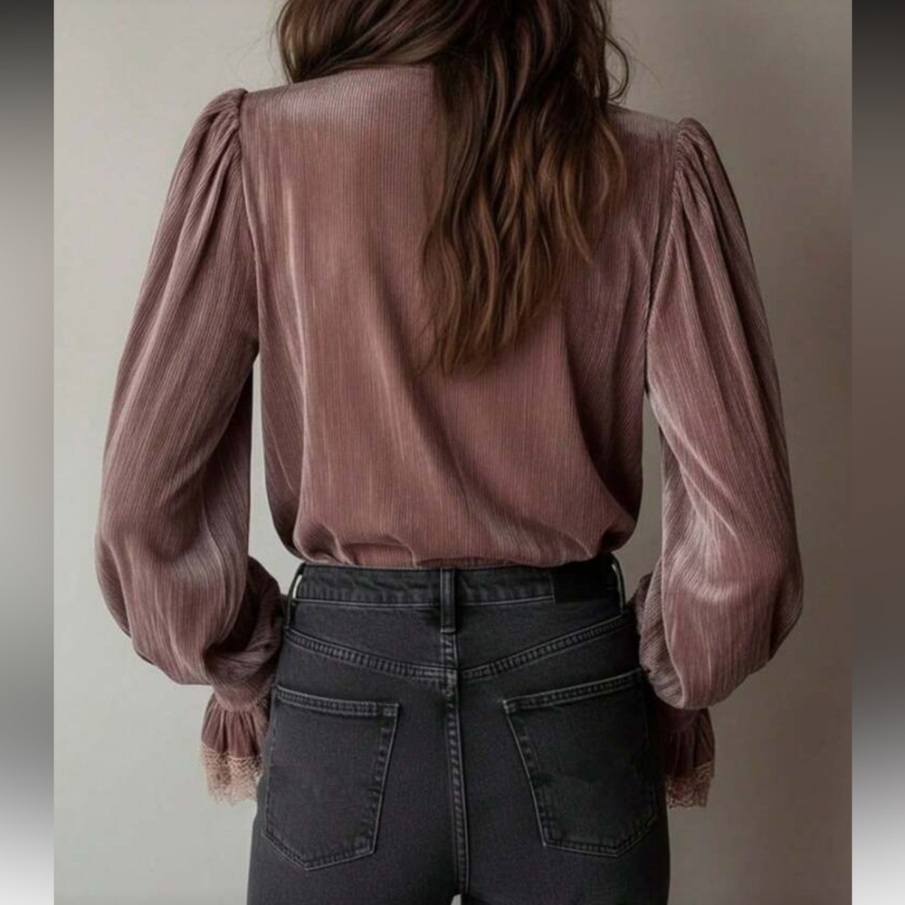 Luxe pink velvet lace ruffle detail blouse - Picture 2 of 10